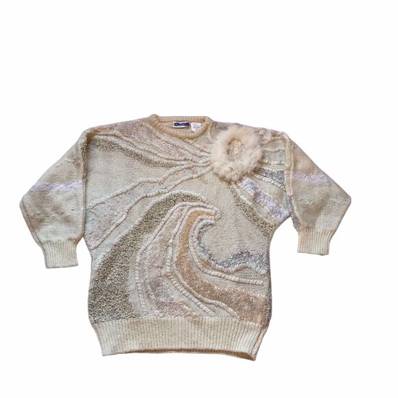 Vtg 80s Mariea Kim Sweater M Beige 3D Textured Applique Dolman Sleeve Artwork - Picture 6 of 9